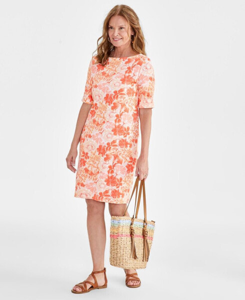 Women's Printed Boat-Neck Elbow Sleeve Dress, Created for Macy's