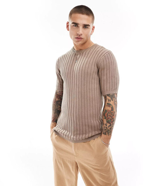 ASOS DESIGN muscle fit washed knitted t-shirt in brown rib