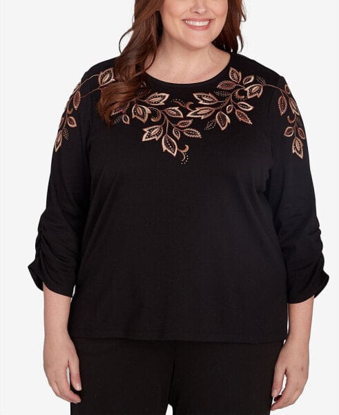 Plus Size Rue Rivoli Leaf Embroidered Top With Ruched Sleeves