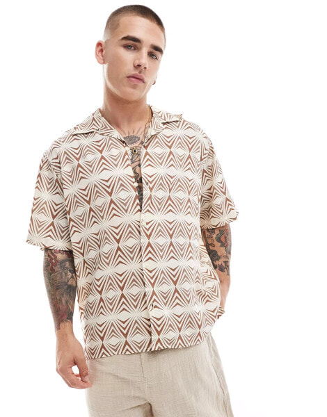 Selected Homme short sleeve shirt with geo print in beige