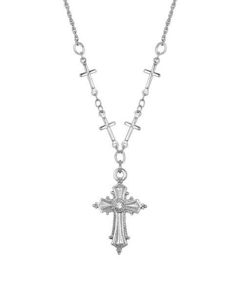 Silver-Tone Crystal Accent Cross Pendant 16" Adjustable Necklace