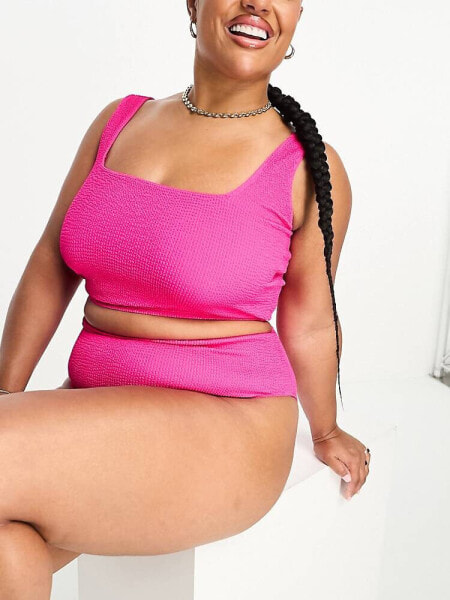 ASOS DESIGN Curve mix and match crinkle crop longline bikini top in pop pink