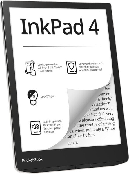 Pocketbook InkPad 4 - 19.8 cm (7.8") - E Ink Carta - 1404 x 1872 pixels - PDF DRM - ACSM - AZW - AZW3 - CBR - CBZ - CHM - DOC - DOCX - DjVu - EPUB DRM - FB2 - FB2.ZIP - HTM - HTML - MOBI,... - M4A - M4B - MP3 - OGG - BMP - JPEG - PNG - TIFF