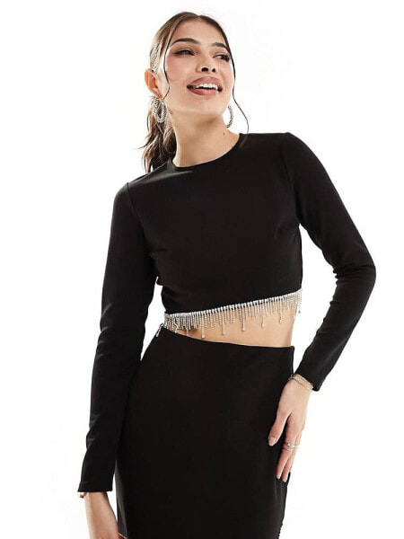 New Look diamante trim glitter crop top in black