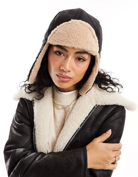 Pieces aviator hat with borg trim in cream & black