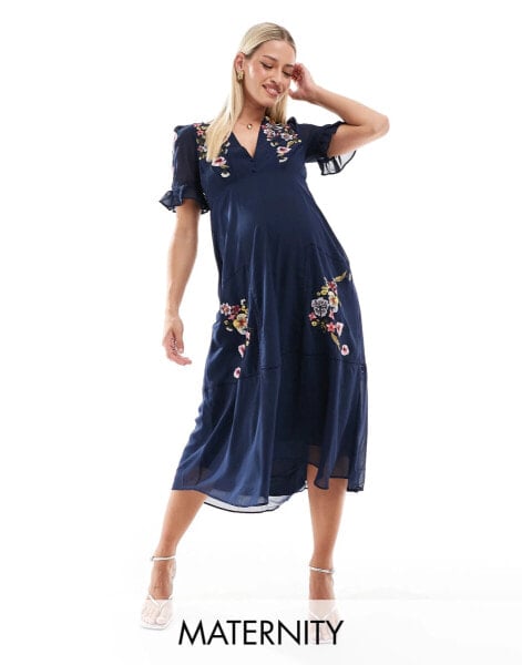 Hope & Ivy Maternity puff sleeve embroidered midi dress in navy