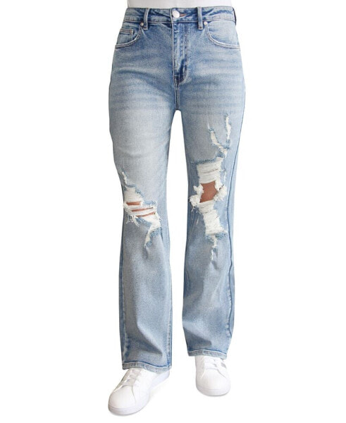 Juniors' High Waisted Distressed Wide-Leg Jeans