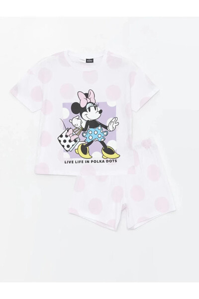 LCW Kids Bisiklet Yaka Minnie Mouse Baskılı Kısa Kollu Kız Çocuk Şortlu Pijama Takımı