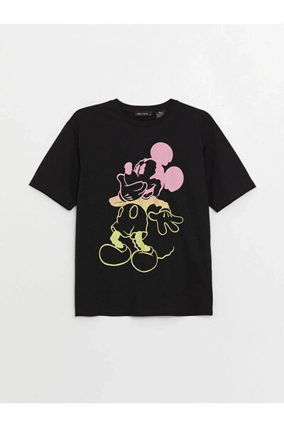 LCW Casual Bisiklet Yaka Mickey Mouse Baskılı Kısa Kollu Oversize Kadın Tişört
