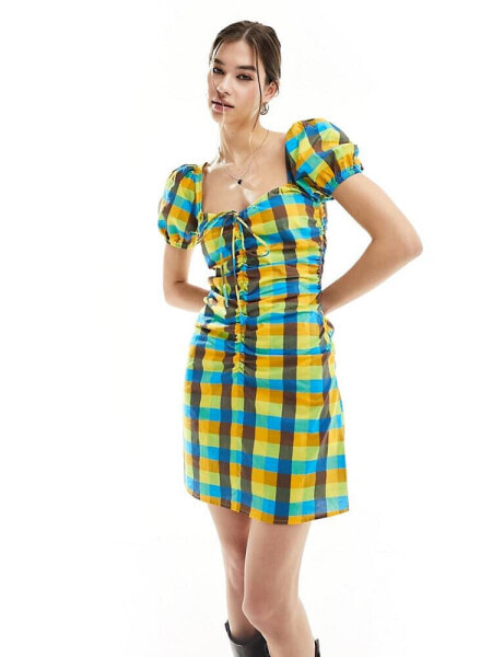 Glamorous scoop neck short sleeve ruched mini dress in bright check