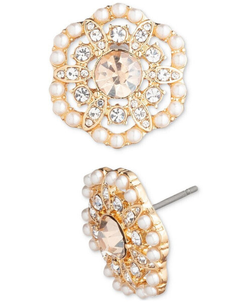 Gold-Tone Pavé & Imitation Pearl Flower Stud Earrings