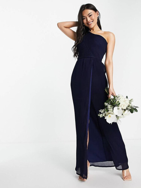 Yaura Bridesmaid drape one shoulder maxi dress in navy