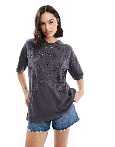 Miss Selfridge lace embroidered oversized t-shirt in charcoal acid wash