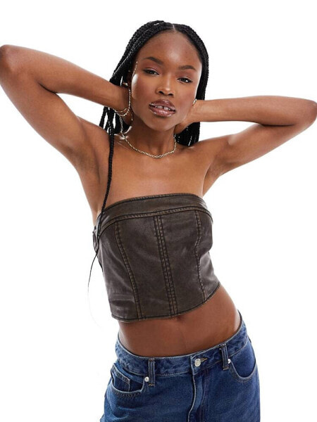 Pimkie distressed leather look bandeau top in brown