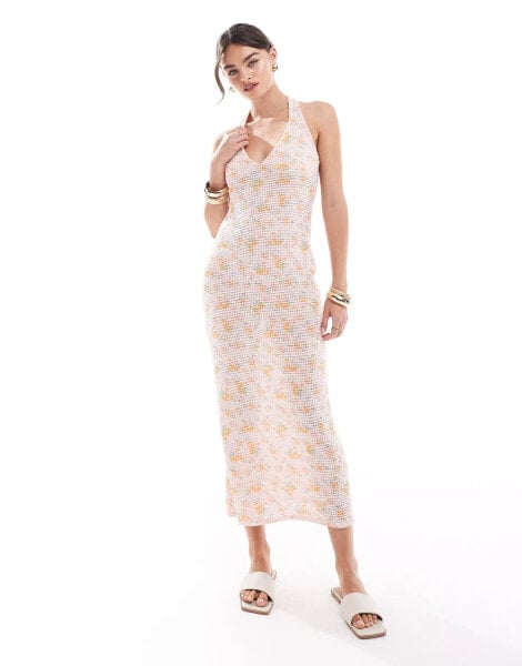 ASOS DESIGN halter crochet maxi dress with tie back in ditsy floral print