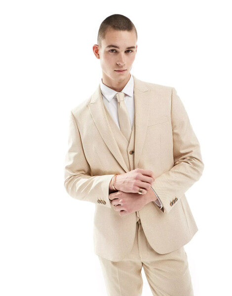 ASOS DESIGN wedding slim suit jacket in camel microtexture