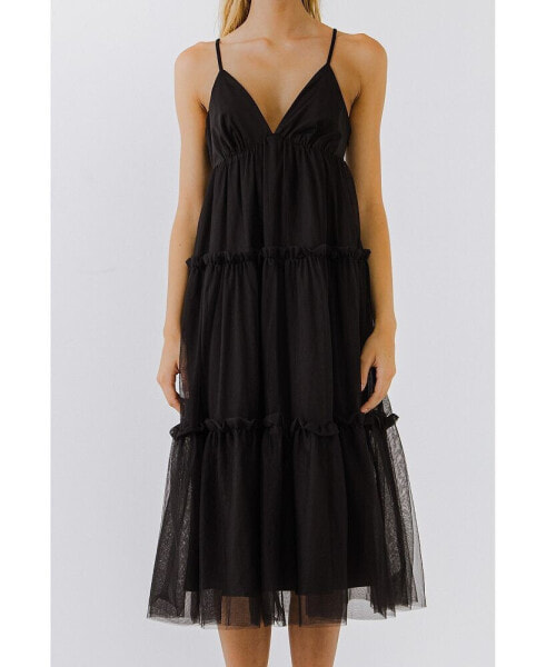 Women's Tulle Contrast Midi Dress