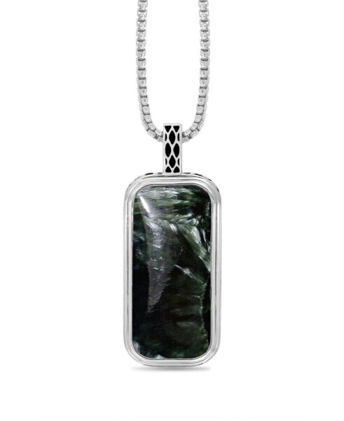 Seraphinite Gemstone Sterling Silver Men Tag in Black Rhodium Plated with Chain