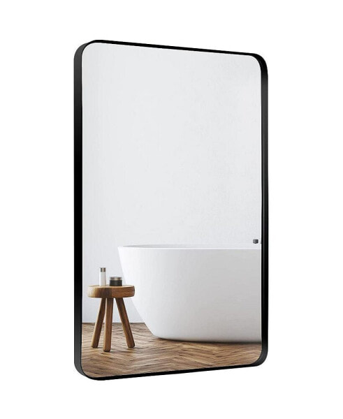 Wall Mount Mirror For Bathroom, Brush Metal Framed Rounded Corner Rectangular Vanity