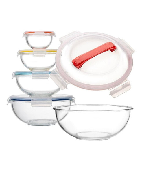 5 Pc Container Nesting Borosilicate Glass Mixing Bowl Set with Locking Lids and Carry Handle
