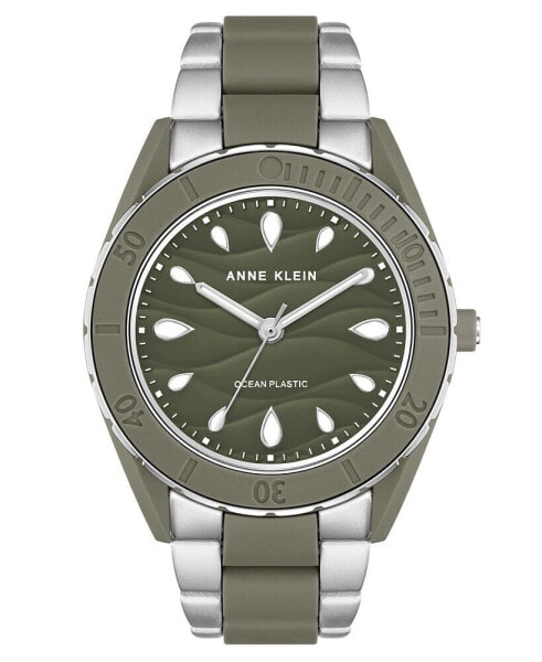 Women's Three-Hand Quartz Silver-Tone and Olive Green Solar Oceanwork Plastic Bracelet Watch, 38.5mm