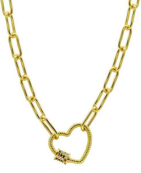14K Gold-Plated Paper Clip Chain with Rainbow Heart Screw Lock