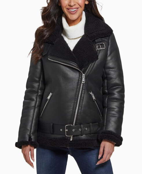 Women's Faux-Shearling Asymmetric Moto Coat