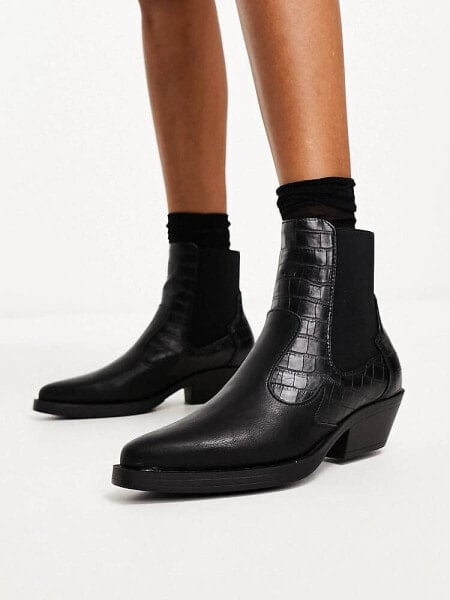 Only faux croc detail western boot in black