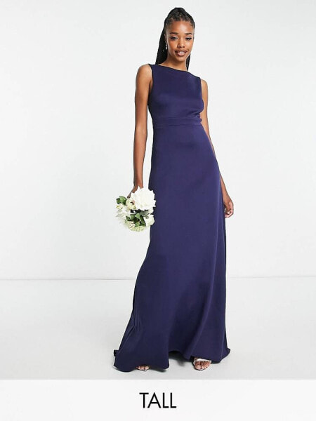 TFNC Tall Bridesmaid bow back maxi dress in navy blue