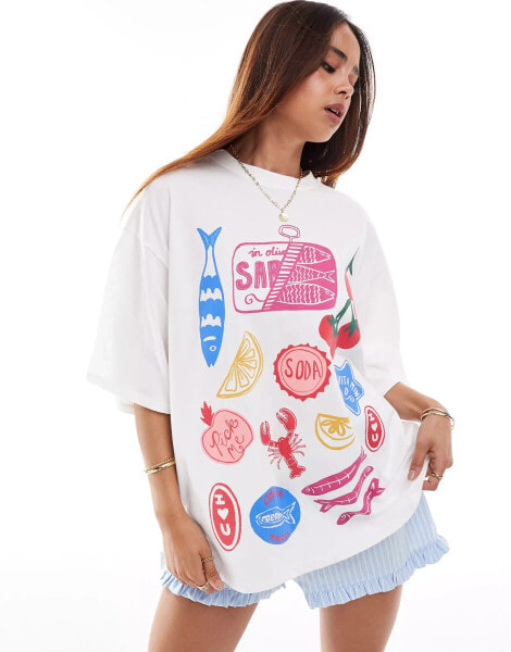 ASOS DESIGN oversized t-shirt with food print in white