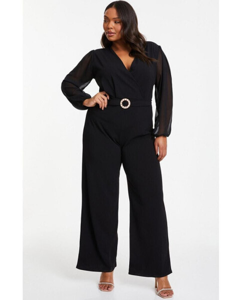 Women's Plus Size Buckle Detail Chiffon Sleeve Palazzo Jumpsuit