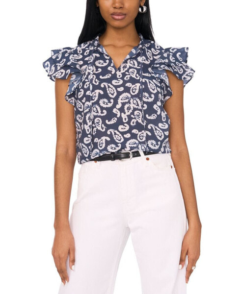 Women's Printed Tie-V-Neck Flutter-Sleeve Top