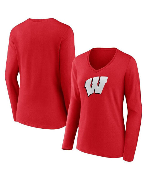 Women's Red Wisconsin Badgers Evergreen Logo Long Sleeve V-Neck T-shirt