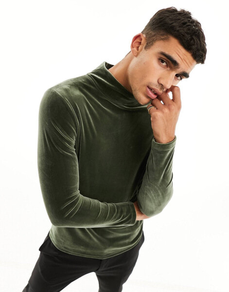 ASOS DESIGN muscle fit long sleeve t-shirt in velour with turtle neck in khaki