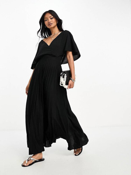 ASOS DESIGN – Midi-Wickelkleid in Schwarz mit Flatterärmeln und Faltenrock