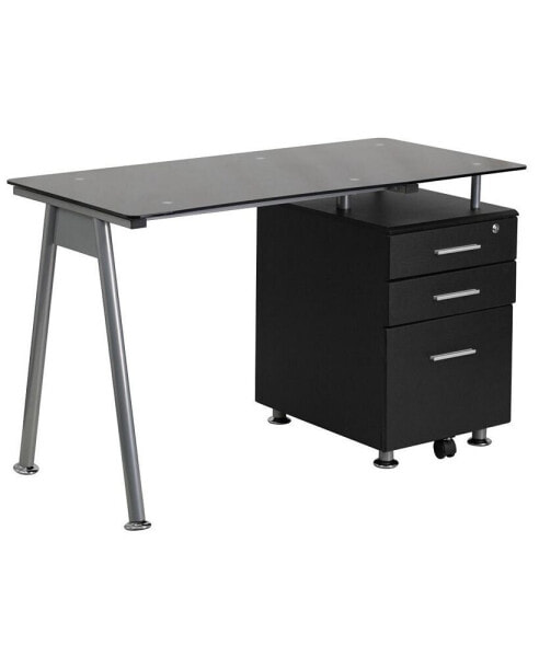Computer Desk With Tempered Glass Top And Three Drawer Pedestal