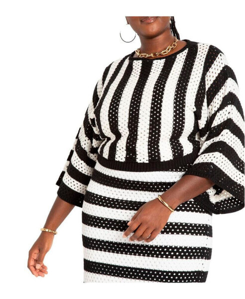 Plus Size Crochet Wide Sleeve Striped Sweater