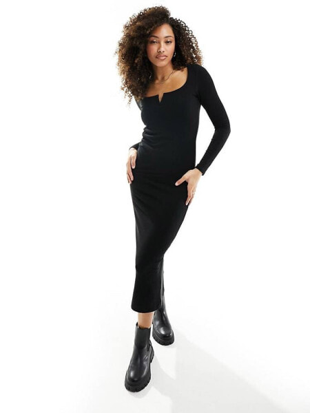 New Look v neck ribbed midi dress in black