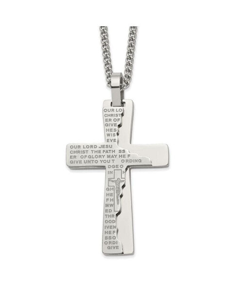 Polished Etched Broken Prayer Cross Pendant Curb Chain Necklace