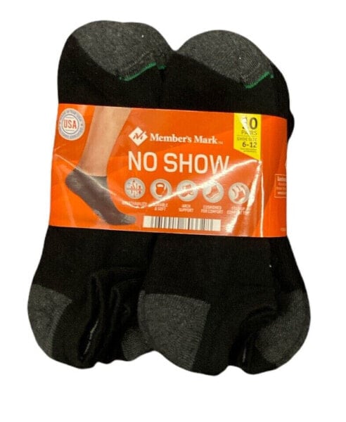 Member's Mark Men's No Show Cushioned Breathable Cotton Socks, 10 Pair (Black,