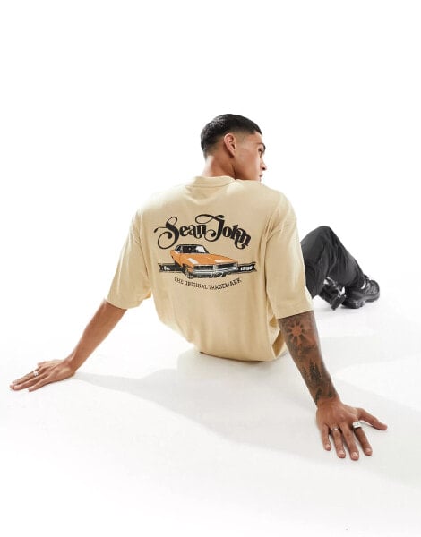 Sean John script t-shirt in beige with retro car back print