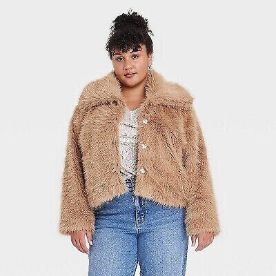 Women's Cropped Faux Fur Jacket - Ava & Viv Tan 2X