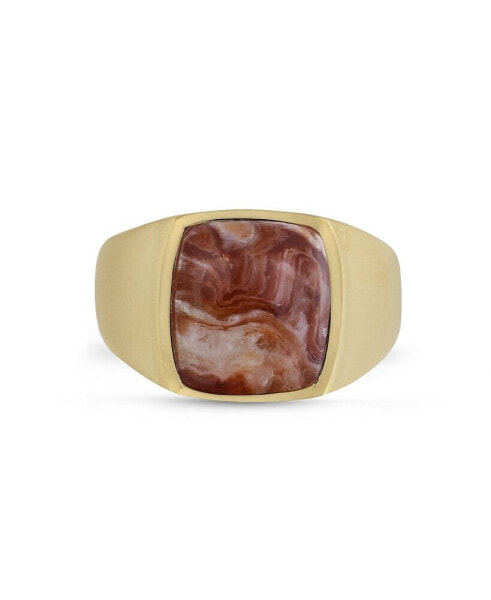 Red Lace Agate Iconic Gemstone Yellow Gold Plated Silver Men Signet Ring