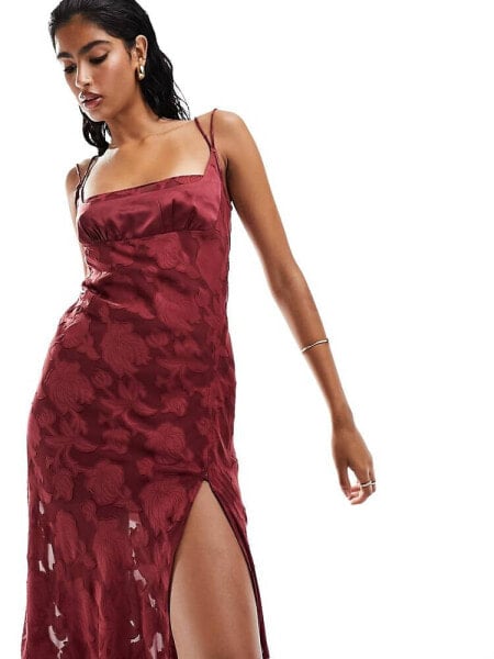 ASOS DESIGN jacquard double strap maxi dress with hook and eye split in burgundy