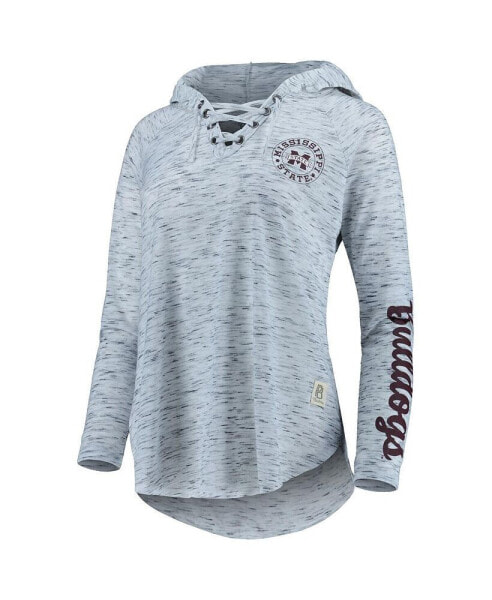 Women's Gray Mississippi State Bulldogs Space Dye Lace-Up V-Neck Raglan Long Sleeve T-shirt