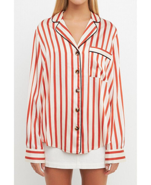 Women's Striped Satin Shirt with Piping