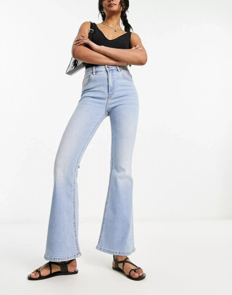 Pull&Bear high waisted flared jeans in mid blue