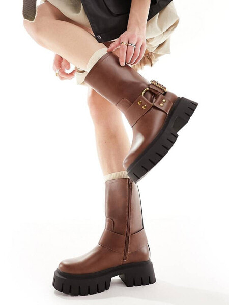 ASOS DESIGN Ace harness biker ankle boot in brown