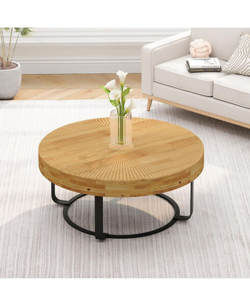 Modern Round Coffee Table with Carved Pine Top and Metal Legs