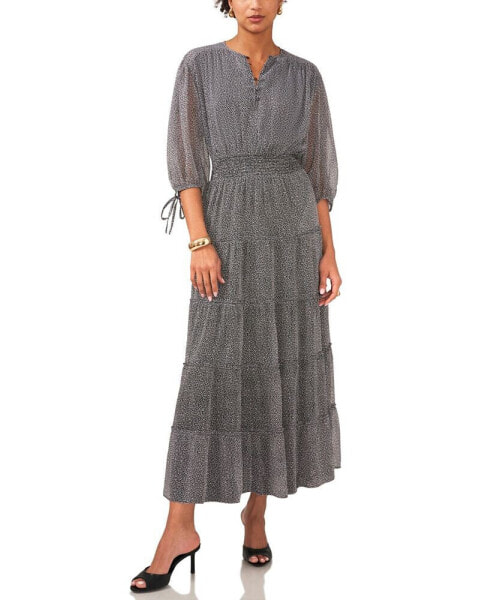 Women's Printed Pintuck 3/4-Sleeve Tiered Maxi Dress